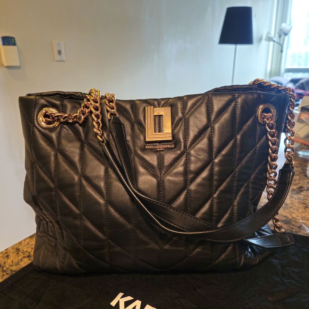 Karl Lagerfeld Black Quilted Shoulder Bag with Gold Chain